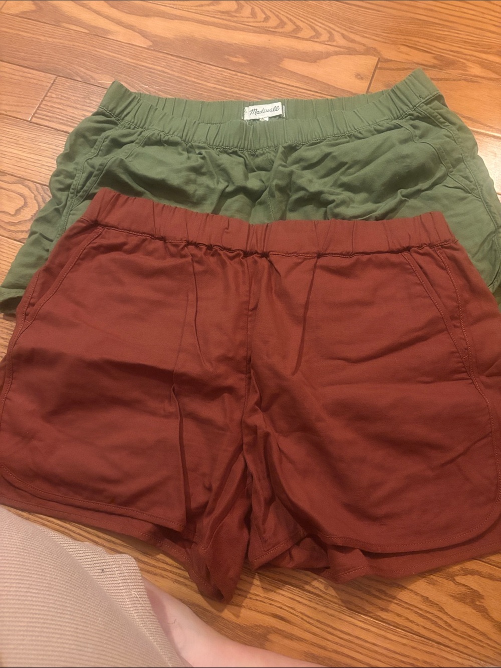Two pairs: Madewell Women's pull-on olive Green & Rust Elastic Waist Shorts